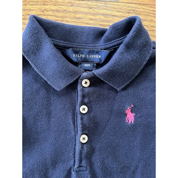 Ralph Lauren Navy Polo Dress Long Sleeve Ruffled Hem Toddler Size 18M Pink Pony - Picture 3 of 5